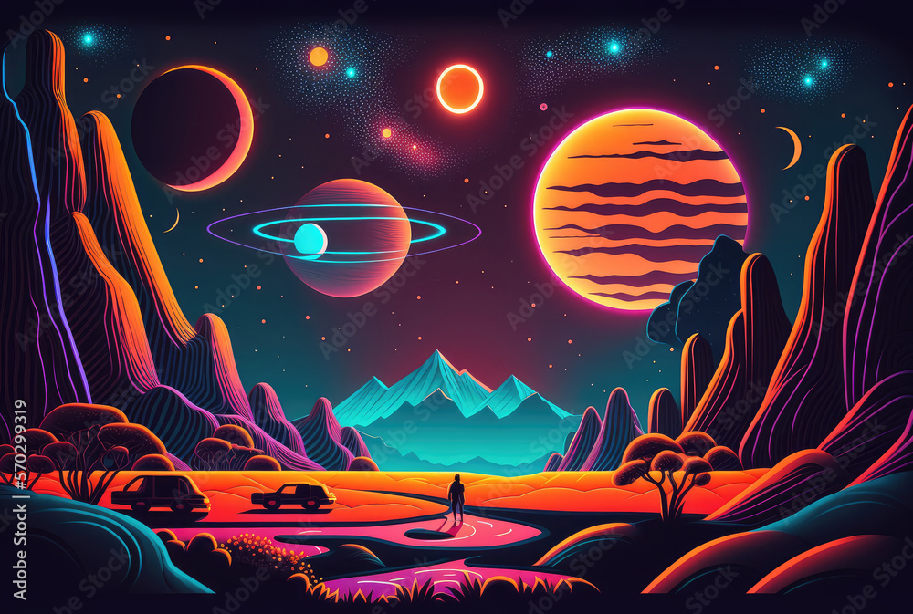 Retro neon landscape. Generative AI Retro neon landscape. Generative AI