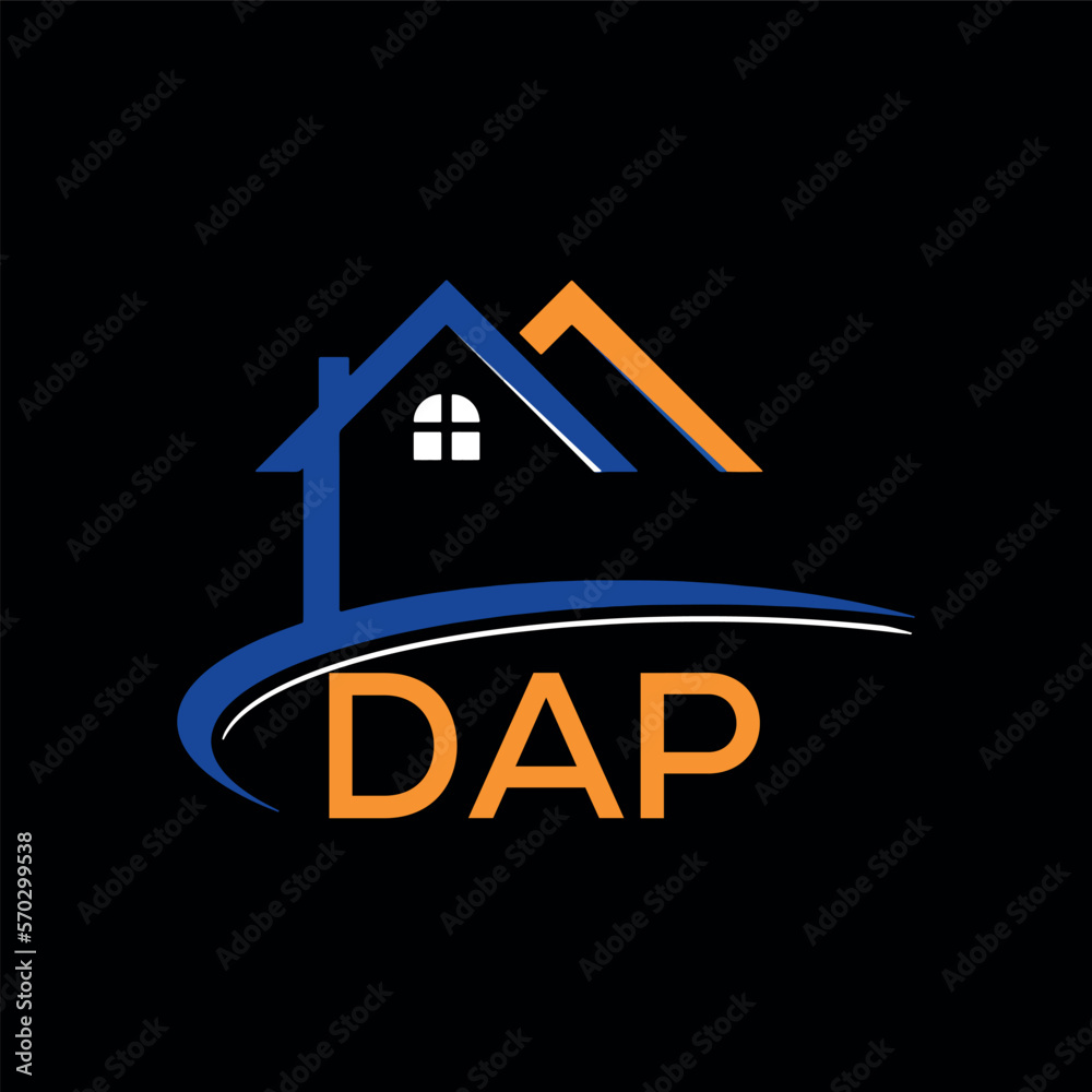DAP house logo, letter logo. DAP blue image on black background and