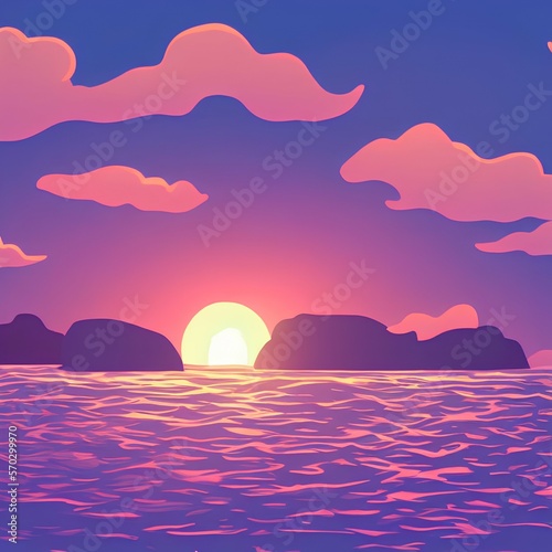 Sunset nature landscape background in the ocean  pink clouds flying in the sky  towards the sun shining over the sea with stones coming out of the water surface. Evening view  - generative ai