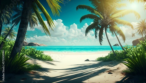 Abandoned tropical virgin sandy beach with palm trees  shining sun and clouds on sky. Tropical paradise sandy beach without people. Sun shining on the summer tropical beach. Generative AI