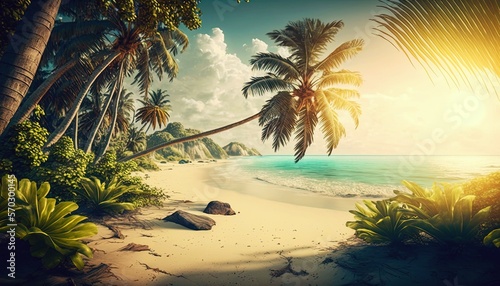 Abandoned tropical virgin sandy beach with palm trees  shining sun and clouds on sky. Tropical paradise sandy beach without people. Sunset on the beach. Generative AI.