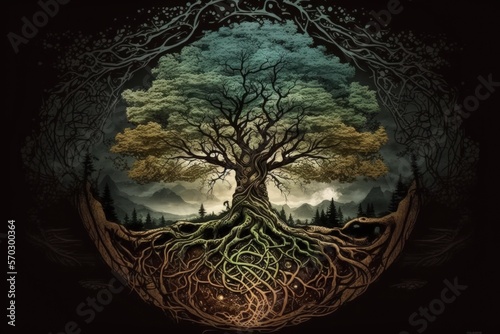 Yggdrasil, the name of the tree of life in Norse mythology. The world tree or the tree of the world is another name for several locations. Generative AI photo