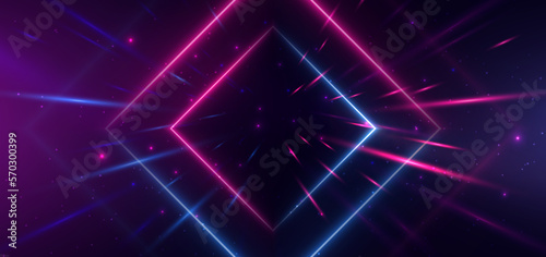 Abstract technology futuristic neon square glowing blue and pink light lines with speed motion blur effect on dark blue background. © Pramote