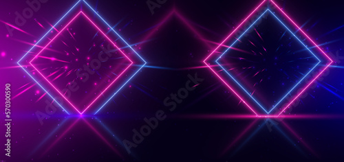 Abstract technology futuristic neon square glowing blue and pink light lines with speed motion blur effect on dark blue background.
