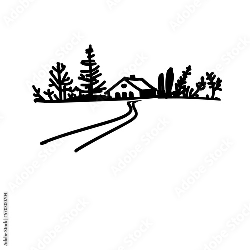 Winter rural landscape. A hand-drawn graphic sketch. Vector illustration