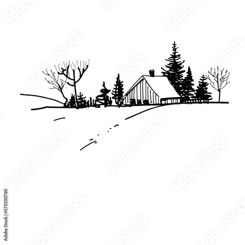 Winter rural landscape. A hand-drawn graphic sketch. Vector illustration