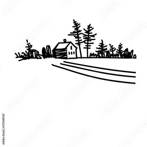 Winter rural landscape. A hand-drawn graphic sketch. Vector illustration