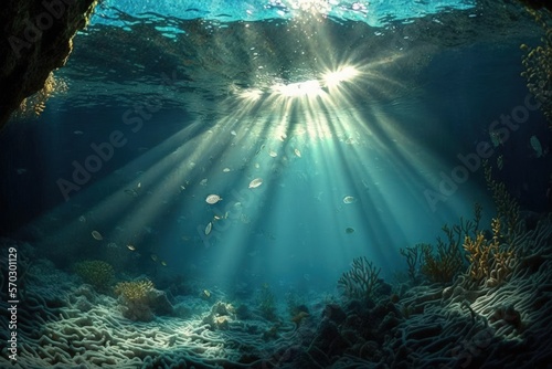 Sunlight shining through water underwater in a tropical area. Generative AI