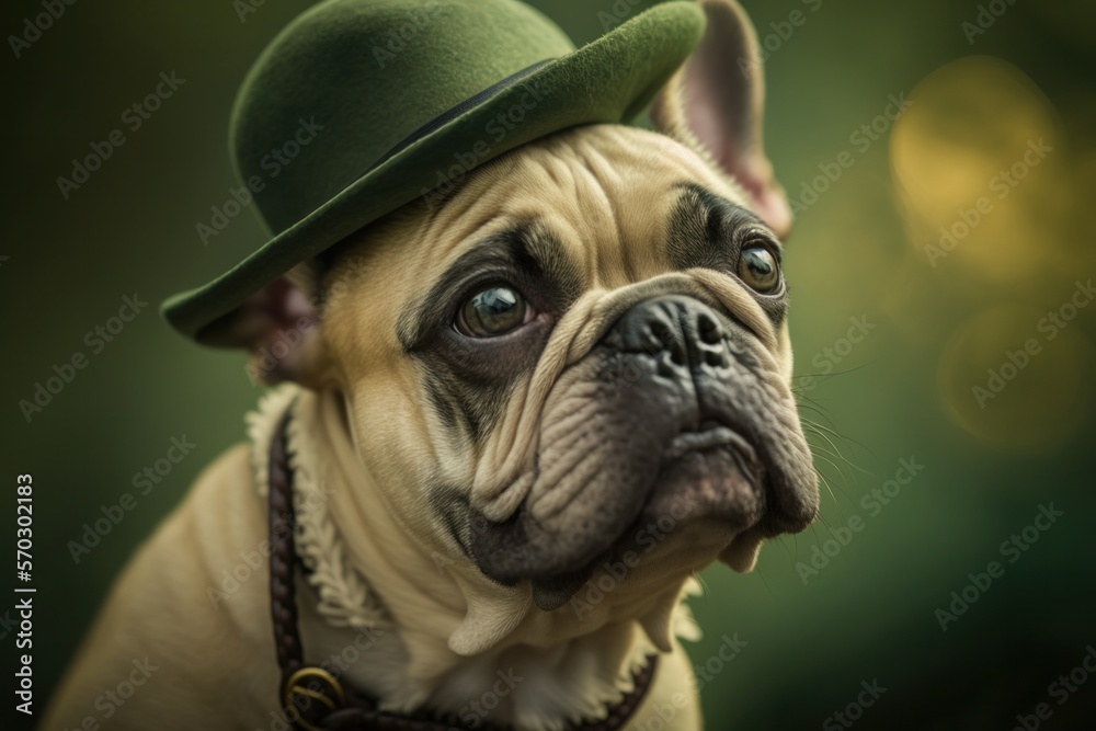 Generative Ai of bulldog pug wearing a green hat for Saint Patrick's Day
