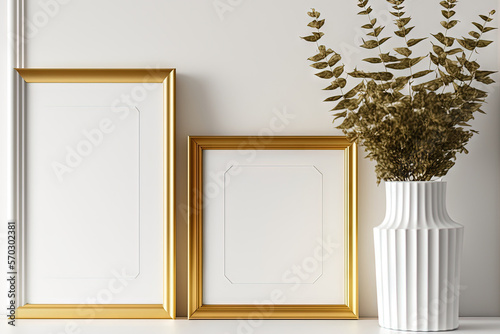 Luxury house décor with two golden frames in a vertical and horizontal orientation on white furniture for mockup creations. Generative AI