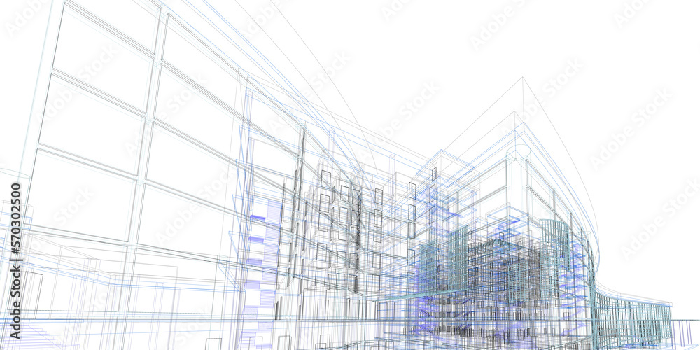 Abstract 3D building wireframe structure. Architecture background. - obrazy, fototapety, plakaty 