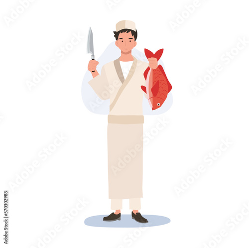 male sushi chef holding knife and red fresh snapper fish.Flat vector illustration.