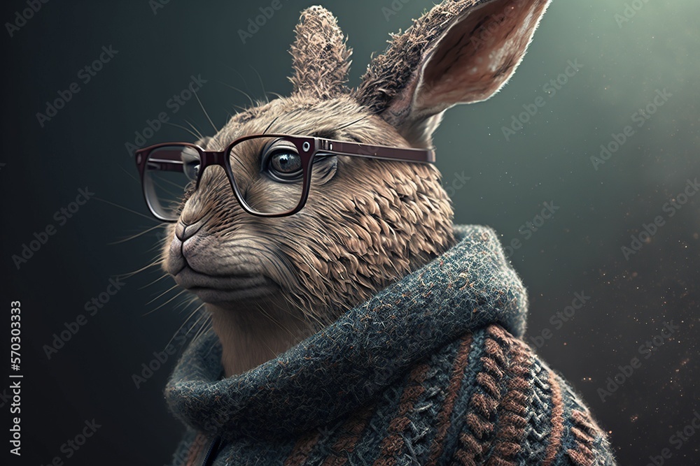Obraz premium Portrait of a rabbit dressed in a sweater, jacket and eyeglasses, generative ai