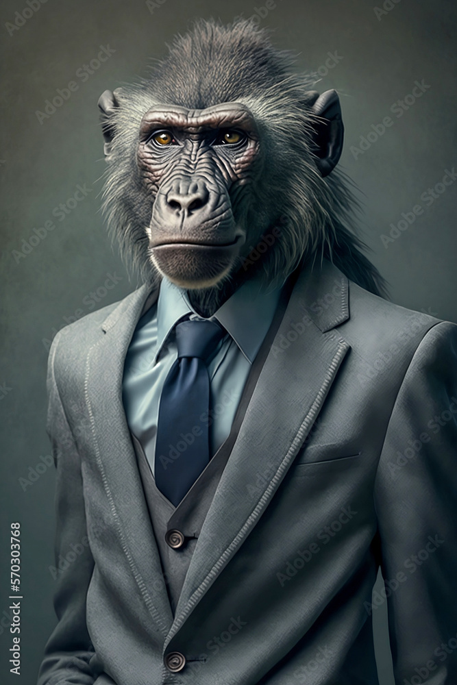 Portrait of a chimpanzee dressed in a formal grey business suit, super realistic ape dressed as business man. Generative AI Portrait of a chimpanzee dressed in a formal grey business suit, super realistic ape dressed as business man. Generative AI