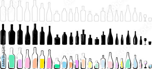 Set of 75 Bottles and Glasses in 3 Rows | Abstract illustration of bottles, glasses, flask, flasks in glossy black with highlights in silhouettes, white shapes and as colored modern vector art.