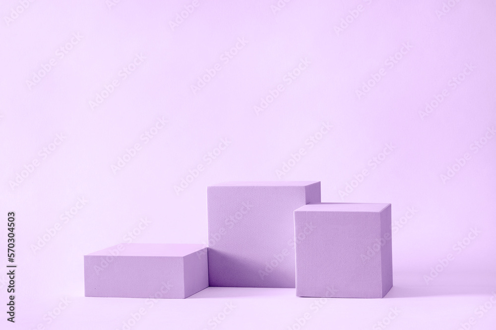 Three blocks of podium square cubes of different heights for displaying and advertising the product. Podium mockup for presentation. High quality photo Three blocks of podium square cubes of different heights for displaying and advertising the product. Podium mockup for presentation. High quality photo