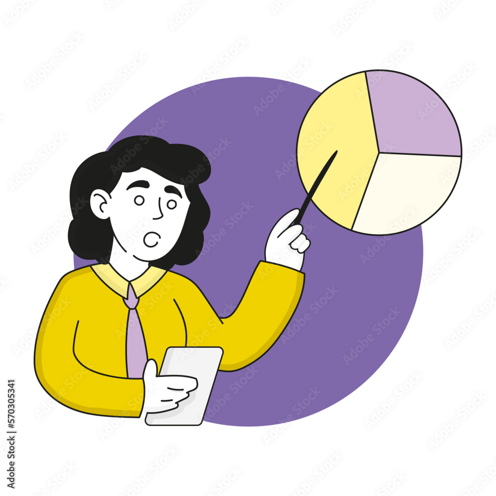 Woman with pointer and pie chart. Data analysis, statistics, statistical information, strategy, analytic, budget accounting, study. Vector illustration in yellow and purple colors on white background Woman with pointer and pie chart. Data analysis, statistics, statistical information, strategy, analytic, budget accounting, study. Vector illustration in yellow and purple colors on white background