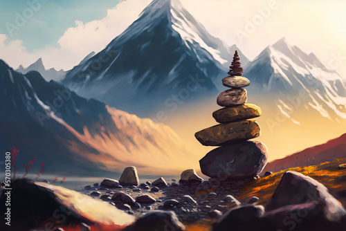 A cairn in a majestic mountain landscape: an artificial pile of stones with a symbolic and spiritual feel. Perfect for evoking awe and serenity. Generative AI
