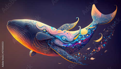 Dreamlike whale flies in the sky