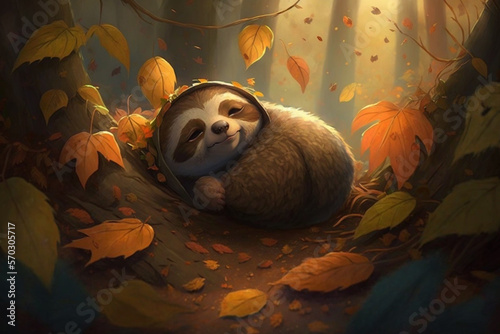 Exhausted and tired sloth lies between autumn leaves and sleeps