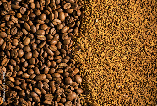 Natural ground coffee versus instant one in Yin Yang shaped plate, isolated on white natural versus instant coffee