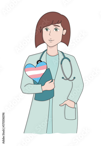 Woman doctor with transgender flag in a heart. Gender, sexual orientation, be yourself, love, LGBT community, LGBTQIA plus, equal rights, no discrimination. Vector illustration on white background