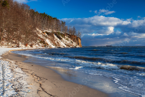 Beautiful landscape of the cliff in Gdynia Or  owo in snowy winter  Baltic Sea. Poland