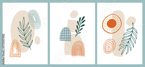 set of boho posters, prints, cards, socila media covers. Contemporary wall art collection with abstract shapes and floral elements in terra cotta palette. EPS 10