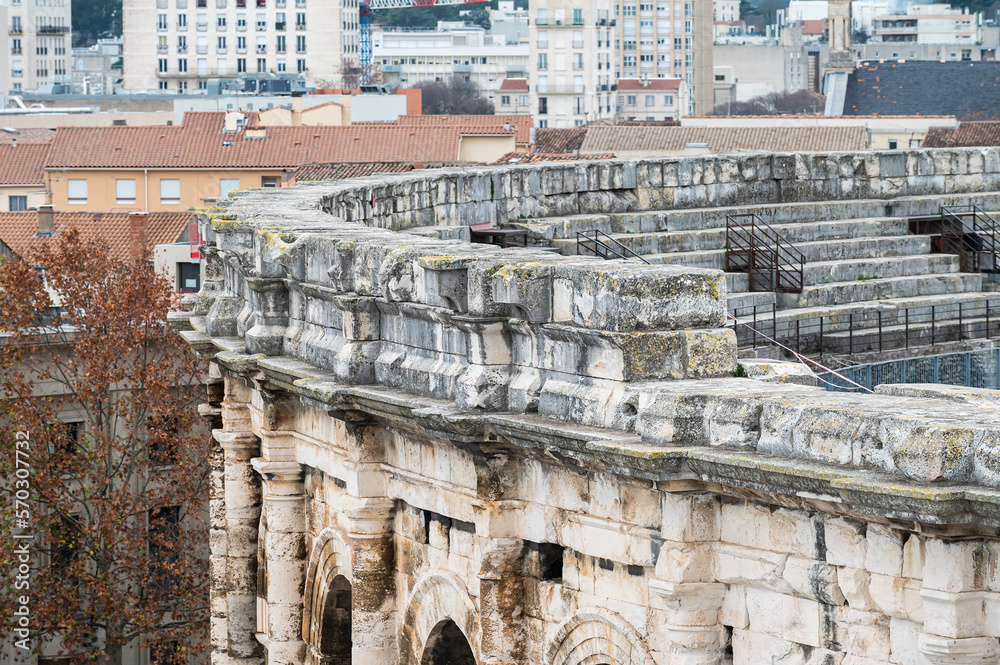 Nîmes, Occitanie, France - High angle view over the Arena, a Roman style amphitheater