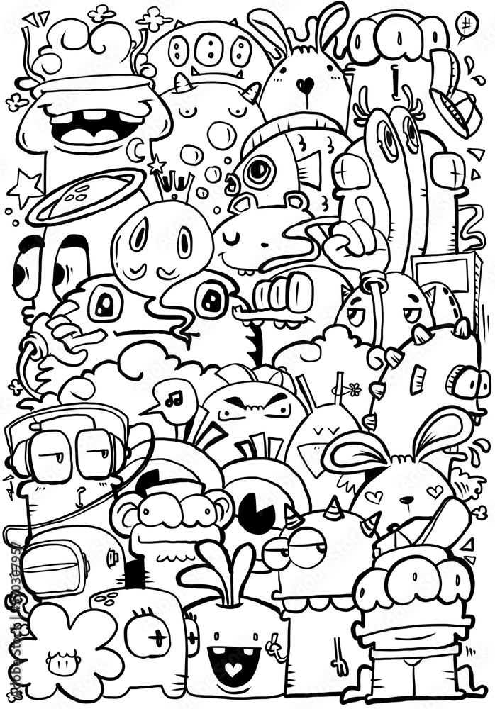Hand-drawn illustrations, monsters doodle, Hand drawn cartoon monster illustration, Cartoon crowd doodle hand-drawn pattern, Doodle style. Hand-drawn illustrations, monsters doodle, Hand drawn cartoon monster illustration, Cartoon crowd doodle hand-drawn pattern, Doodle style.
