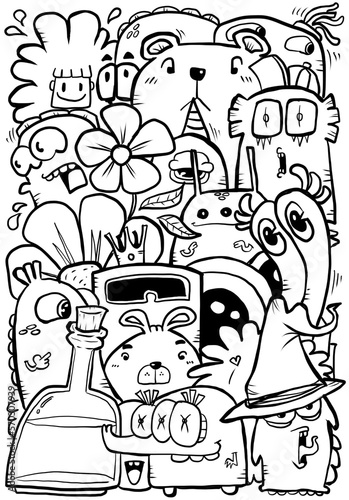 Hand-drawn illustrations, monsters doodle, Hand drawn cartoon monster illustration, Cartoon crowd doodle hand-drawn pattern, Doodle style.