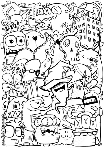 Hand-drawn illustrations, monsters doodle, Hand drawn cartoon monster illustration, Cartoon crowd doodle hand-drawn pattern, Doodle style.
