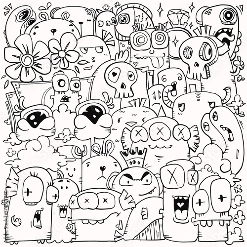 Hand-drawn illustrations  monsters doodle  Hand drawn cartoon monster illustration  Cartoon crowd doodle hand-drawn pattern  Doodle style.