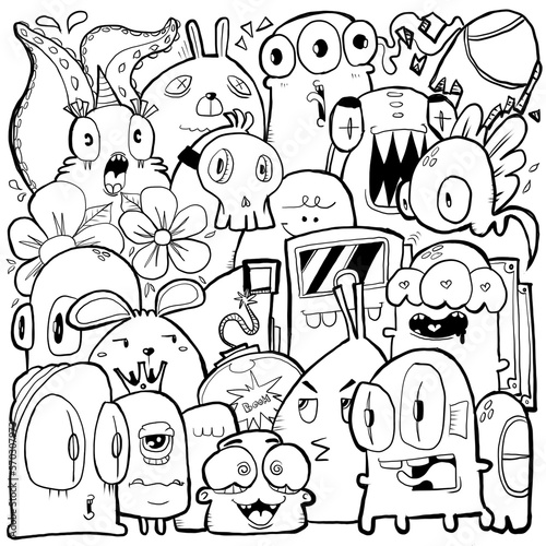 Hand-drawn illustrations, monsters doodle, Hand drawn cartoon monster illustration, Cartoon crowd doodle hand-drawn pattern, Doodle style.