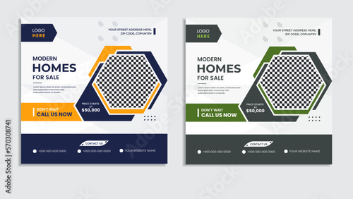 Digital home for sale real estate social media post design set with creative shapes