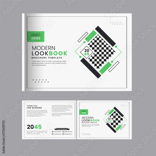 Business profile landscape brochure or magazine cover design with green and black shapes