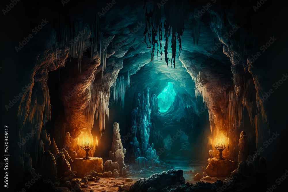 Discover the colors and mysterious passages of an underground cave with stalagmites and stalactites, an invitation to underground exploration. Generative AI