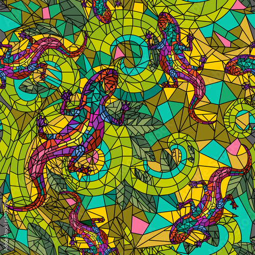 Vivid seamless pattern with lizards. seamless pattern with reptiles. For fashion fabrics, clothing, t-shirts, cards, templates and scrapbooking. Mosaic style of drawing. Vector illustration,