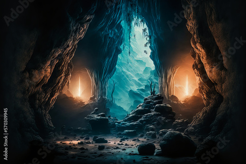 The underground cave is mysteriously colored, with stalagmites and stalactites. An invitation to explore, caving and ancestral spirituality. Generative AI