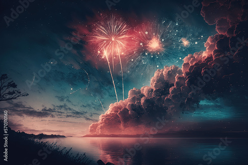 fireworks over the sea. fireworks in the sky. Holiday fireworks. Fireworks celebration. spectacular fireworks