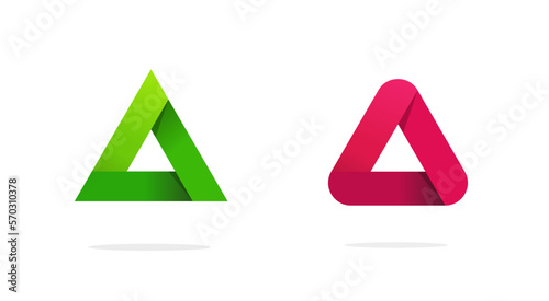 Triangle logo vector icon, pyramid prism green red pink logotype geometric graphic modern design, gradient tech symbol rounded corner sign clipart
