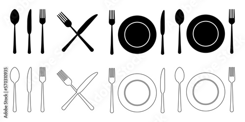 Cutlery silhouettes. Fork, knife, spoon and plate set icons. Vector utensil illustration restaurant symbols. Tableware set flat style. Vector EPS 10