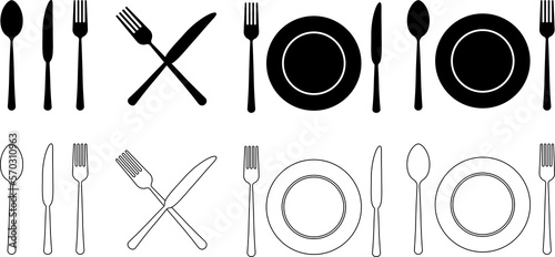 Cutlery silhouettes. Fork, knife, spoon and plate set icons. Vector utensil illustration restaurant symbols. Tableware set flat style. PNG image