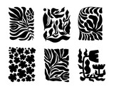 Abstract organic plant shapes set. Contemporary Matisse leaves, black and white flowers. Hand drawn botanical leaf in rectangle shapes. Vector illustration. Modern art gallery floral collection.