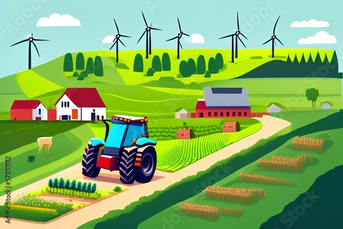 Smart and organic farming, future ecological farming cartoon vector concept with tractor driving on rural road, wind turbines working in field, wooden barns with solar panels - generative ai