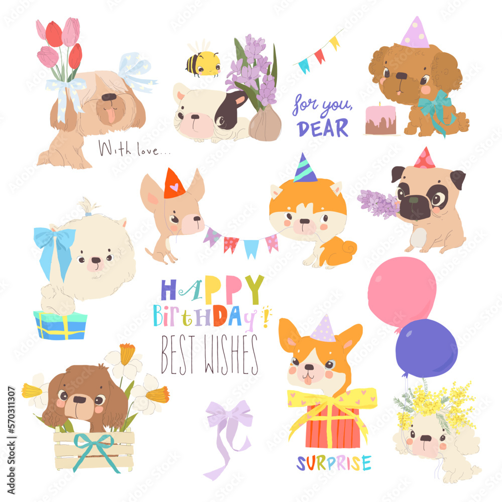 Obraz premium Dog Birthday Party. Puppies of Different Breeds at the Party
