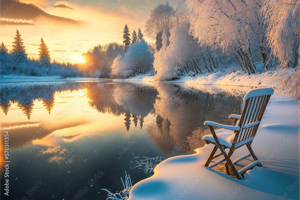 A wild snowy landscape with an abandoned chair, illuminated by a sunset. Picturesque, soothing and splendid, a call to reflection and reverie. Generative AI