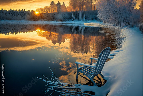 A snowy winter landscape with a wild lake and an abandoned chair on the shore. Reflection of the sunset, picturesque and soothing. Generative AI © XaMaps