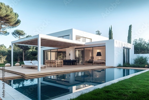 Modern Villa with Garden and Pool 4. Generative AI. © NormanBalberan