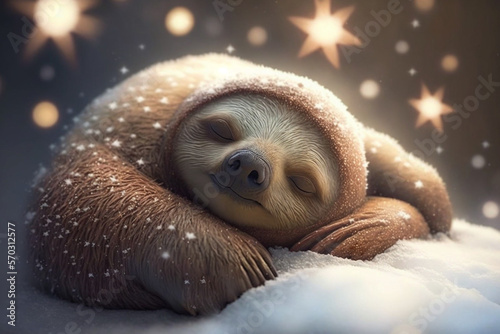 happy and tired snowy sloth sleeps in the evening with snowflakes